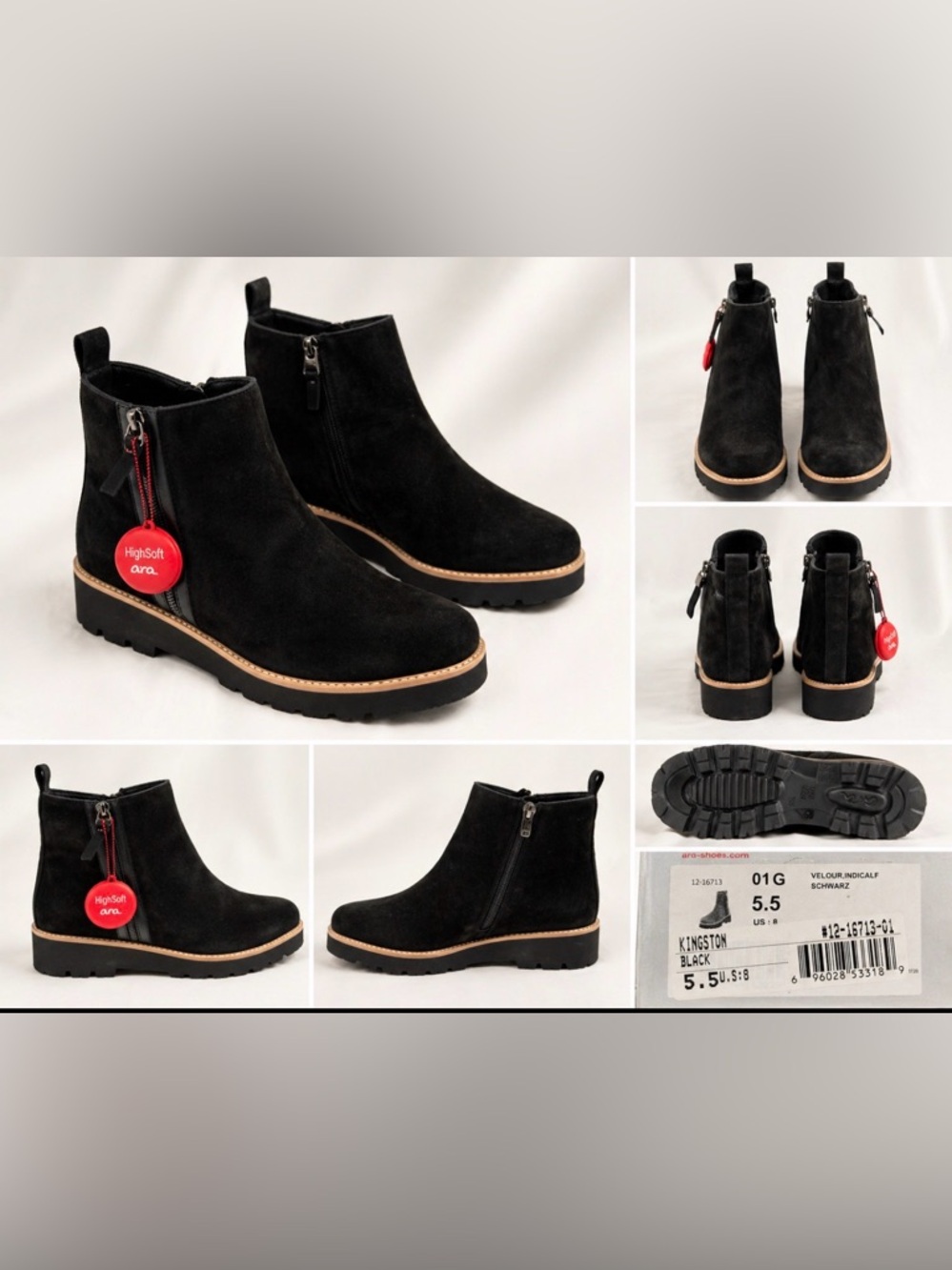 Ara Kingston Black Suede Ankle Boots HighSoft Comfort Lug Sole NWB Size 8